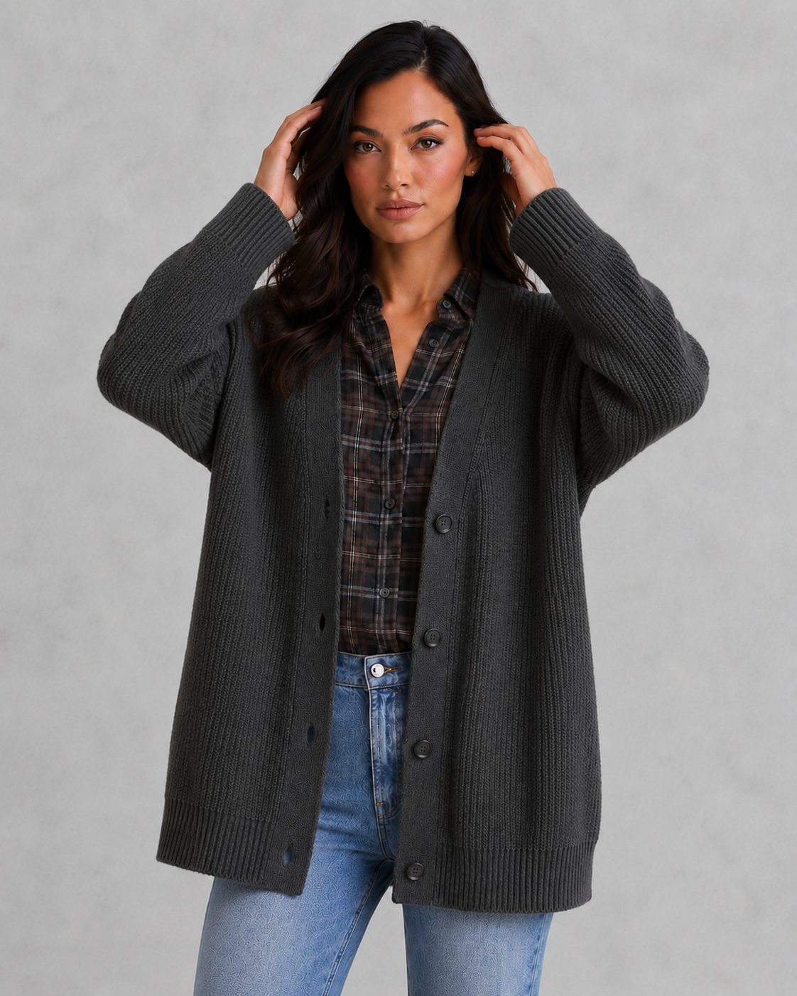 Women's oversized cocoon cardigan in soft lightweight knit with relaxed draped silhouette for effortless layering and casual chic styling.