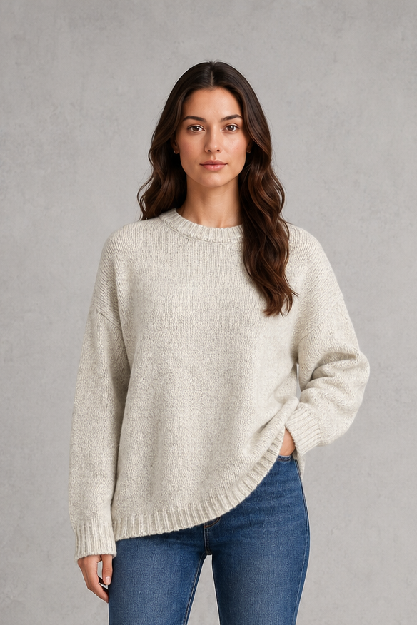 Women’s light gray oversized crew neck knit sweater with dropped shoulders, wide long sleeves, and a relaxed slouchy pullover silhouette.