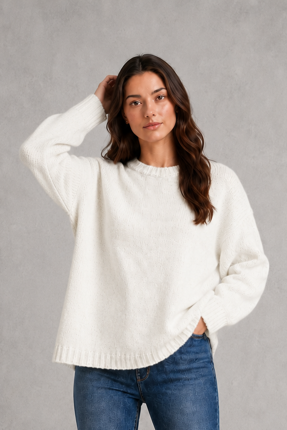 Women’s light gray oversized crew neck knit sweater with dropped shoulders, wide long sleeves, and a relaxed slouchy pullover silhouette.