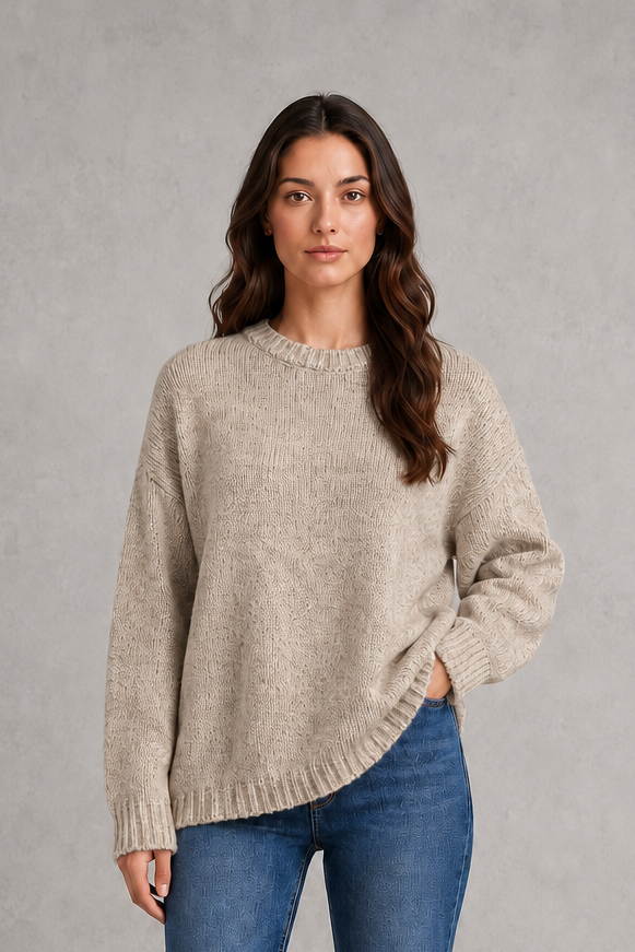 Women’s light gray oversized crew neck knit sweater with dropped shoulders, wide long sleeves, and a relaxed slouchy pullover silhouette.