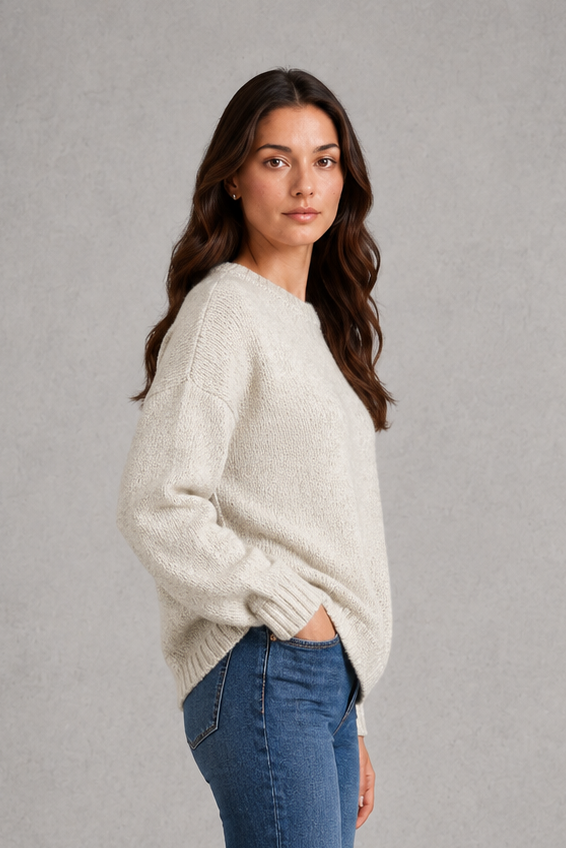 Women’s light gray oversized crew neck knit sweater with dropped shoulders, wide long sleeves, and a relaxed slouchy pullover silhouette.
