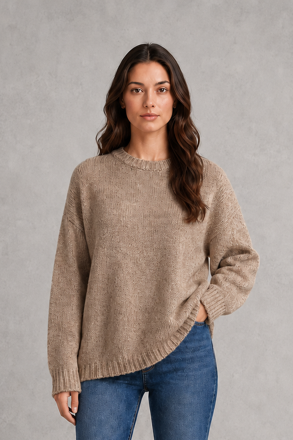 Women’s light gray oversized crew neck knit sweater with dropped shoulders, wide long sleeves, and a relaxed slouchy pullover silhouette.