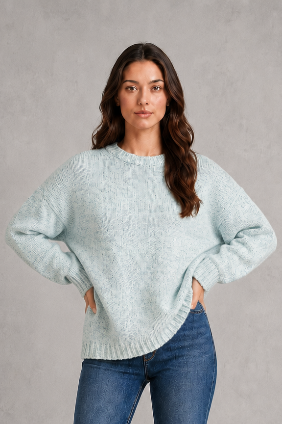 Women’s light gray oversized crew neck knit sweater with dropped shoulders, wide long sleeves, and a relaxed slouchy pullover silhouette.