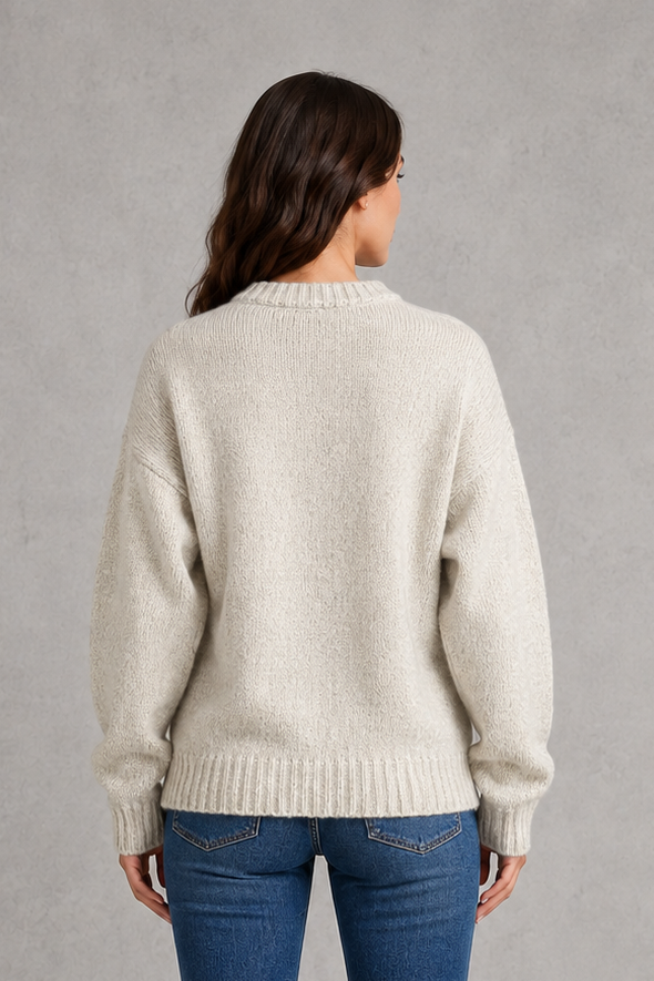 Women’s light gray oversized crew neck knit sweater with dropped shoulders, wide long sleeves, and a relaxed slouchy pullover silhouette.