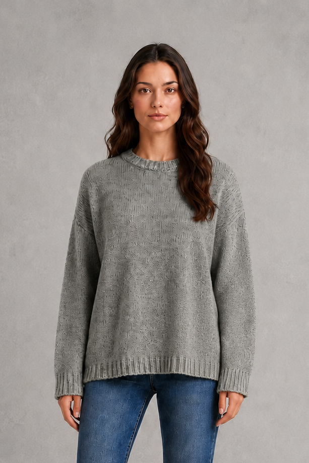 Women’s light gray oversized crew neck knit sweater with dropped shoulders, wide long sleeves, and a relaxed slouchy pullover silhouette.