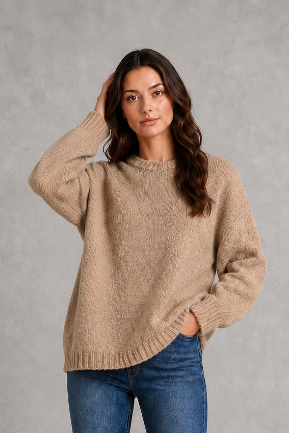 Women’s light gray oversized crew neck knit sweater with dropped shoulders, wide long sleeves, and a relaxed slouchy pullover silhouette.