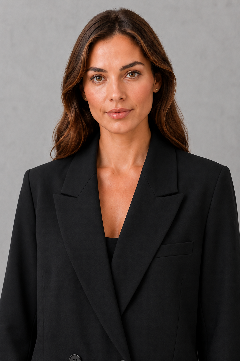 Women’s oversized double-breasted blazer with structured shoulders, wide peak lapels, long sleeves and practical front patch pockets.