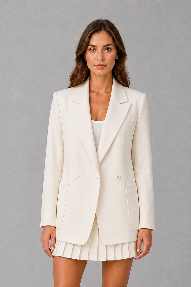 Women’s oversized double-breasted blazer with structured shoulders, wide peak lapels, long sleeves and practical front patch pockets.