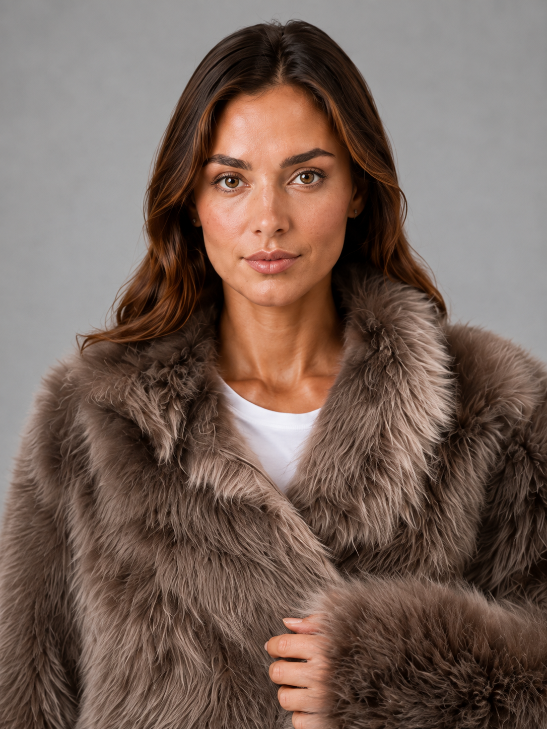 Women’s oversized faux fur coat with a soft plush texture, statement collar and relaxed voluminous silhouette for elegant cold-weather styling.