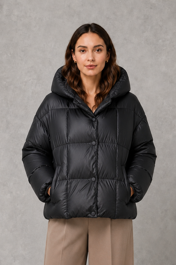Women’s oversized hooded puffer jacket with generous padding, a large protective hood, high collar and wide long sleeves for cozy cold-weather coverage.