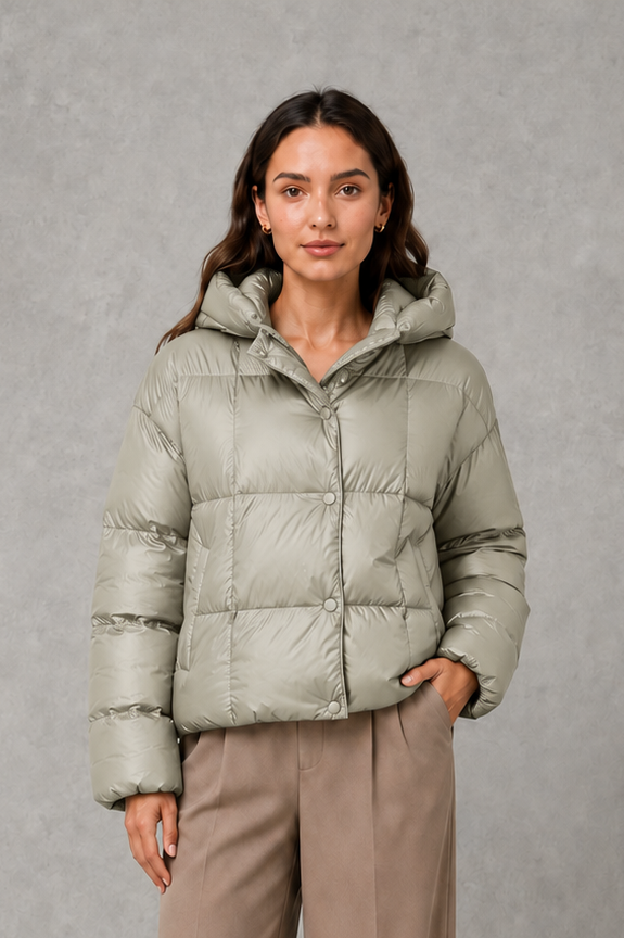 Women’s oversized hooded puffer jacket with generous padding, a large protective hood, high collar and wide long sleeves for cozy cold-weather coverage.