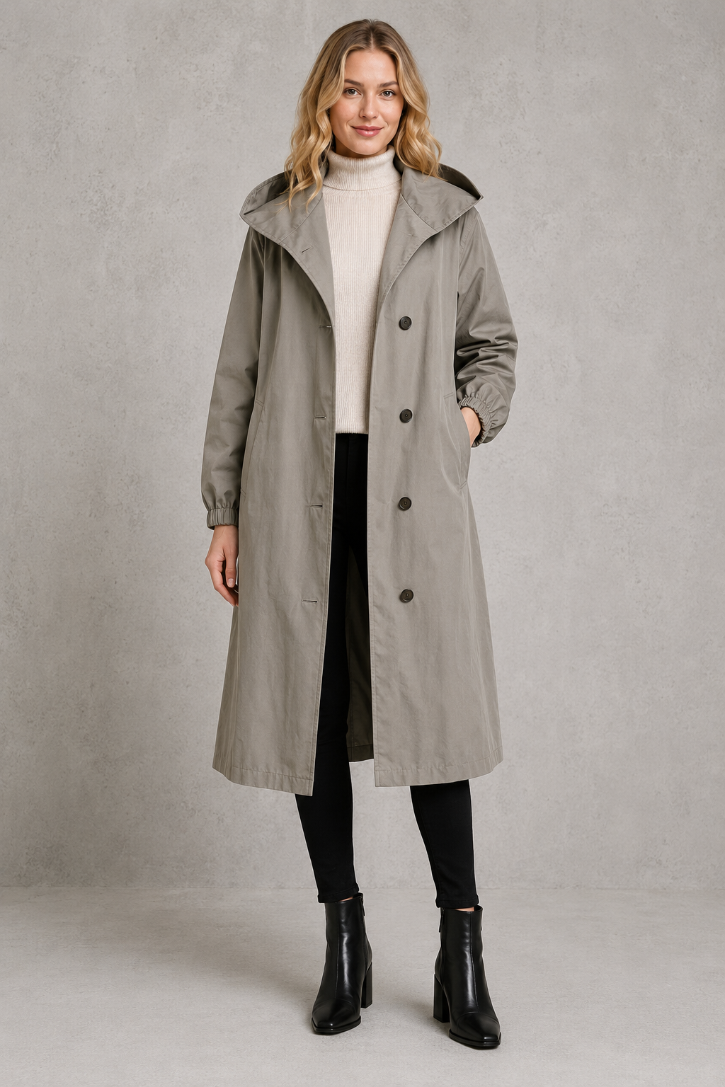 Women’s oversized hooded rain trench with a relaxed longline silhouette, adjustable drawstring hood and lightweight water-repellent finish.