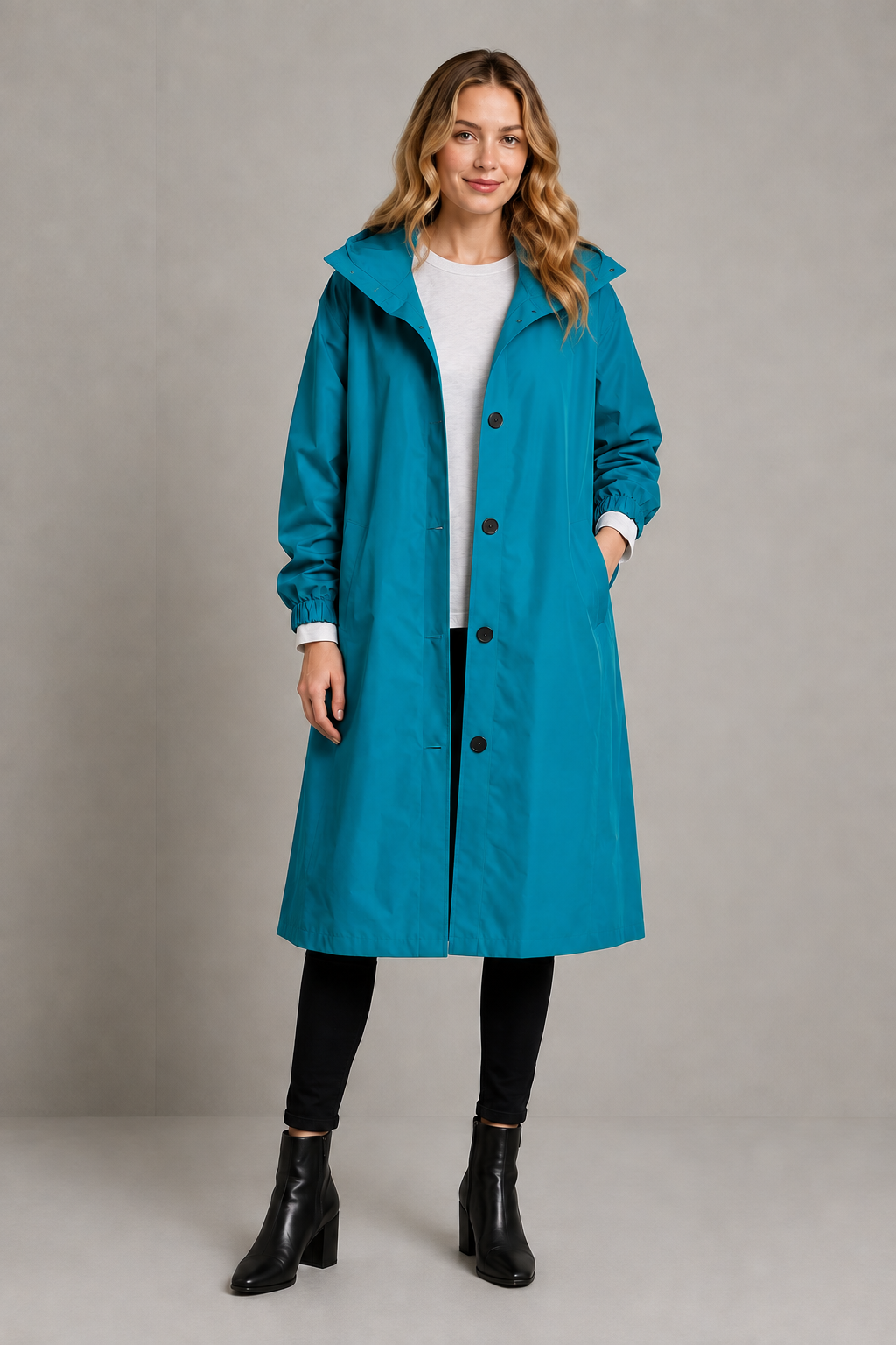 Women’s oversized hooded rain trench with a relaxed longline silhouette, adjustable drawstring hood and lightweight water-repellent finish.