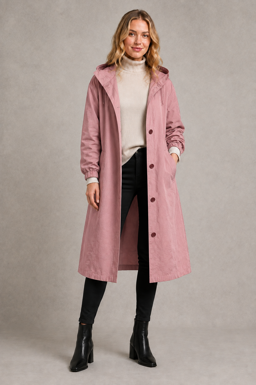Women’s oversized hooded rain trench with a relaxed longline silhouette, adjustable drawstring hood and lightweight water-repellent finish.