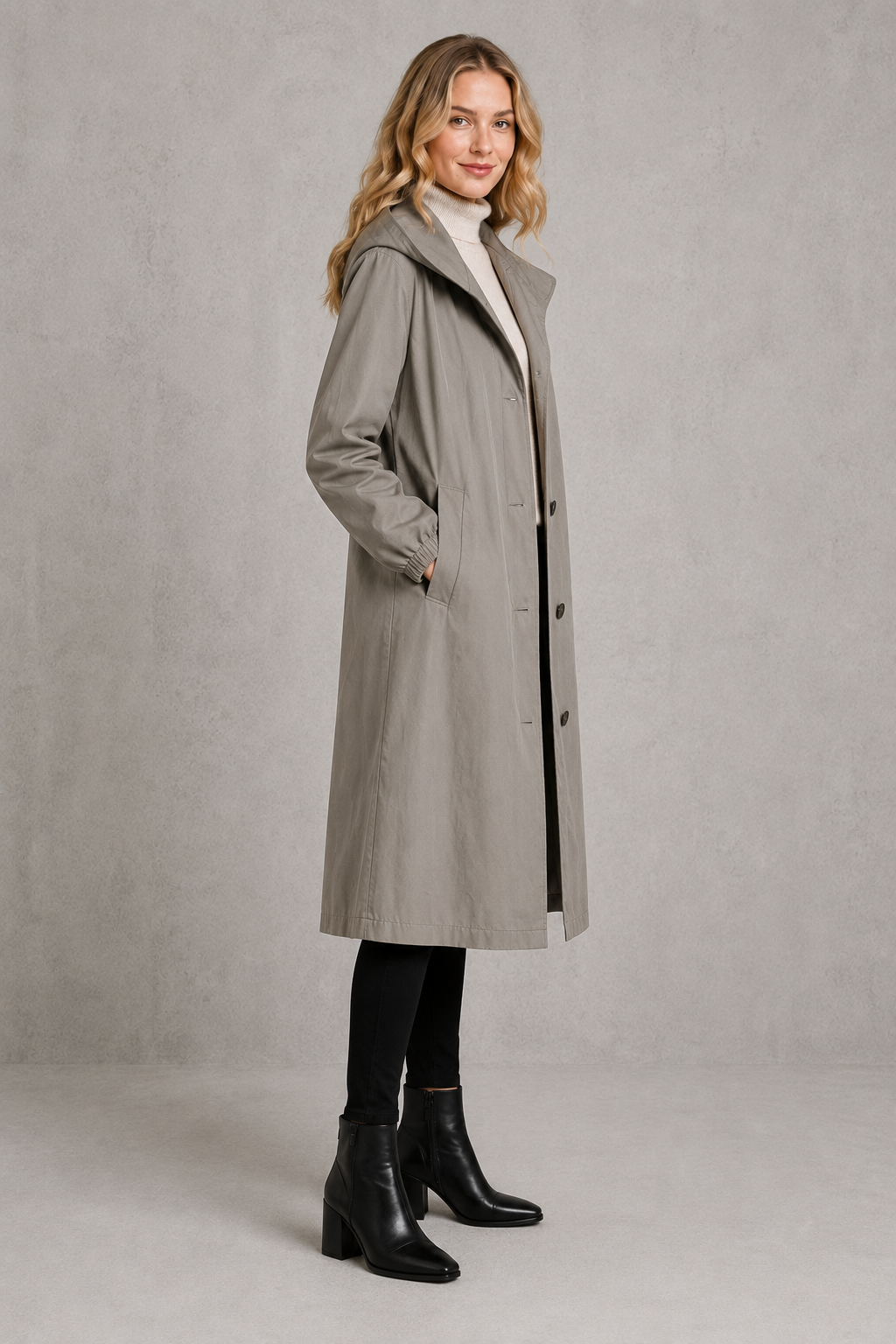 Women’s oversized hooded rain trench with a relaxed longline silhouette, adjustable drawstring hood and lightweight water-repellent finish.