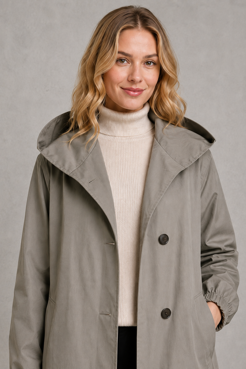 Women’s oversized hooded rain trench with a relaxed longline silhouette, adjustable drawstring hood and lightweight water-repellent finish.