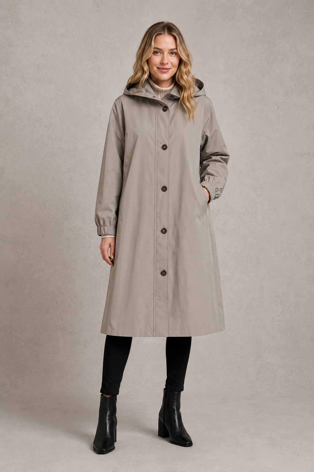 Women’s oversized hooded rain trench with a relaxed longline silhouette, adjustable drawstring hood and lightweight water-repellent finish.