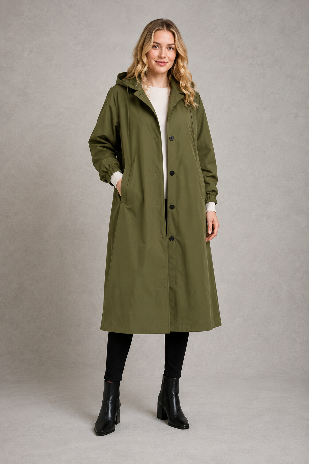 Women’s oversized hooded rain trench with a relaxed longline silhouette, adjustable drawstring hood and lightweight water-repellent finish.