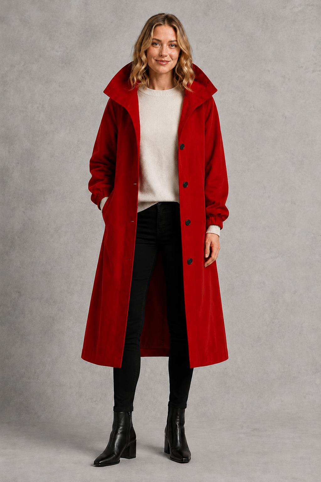 Women’s oversized hooded rain trench with a relaxed longline silhouette, adjustable drawstring hood and lightweight water-repellent finish.