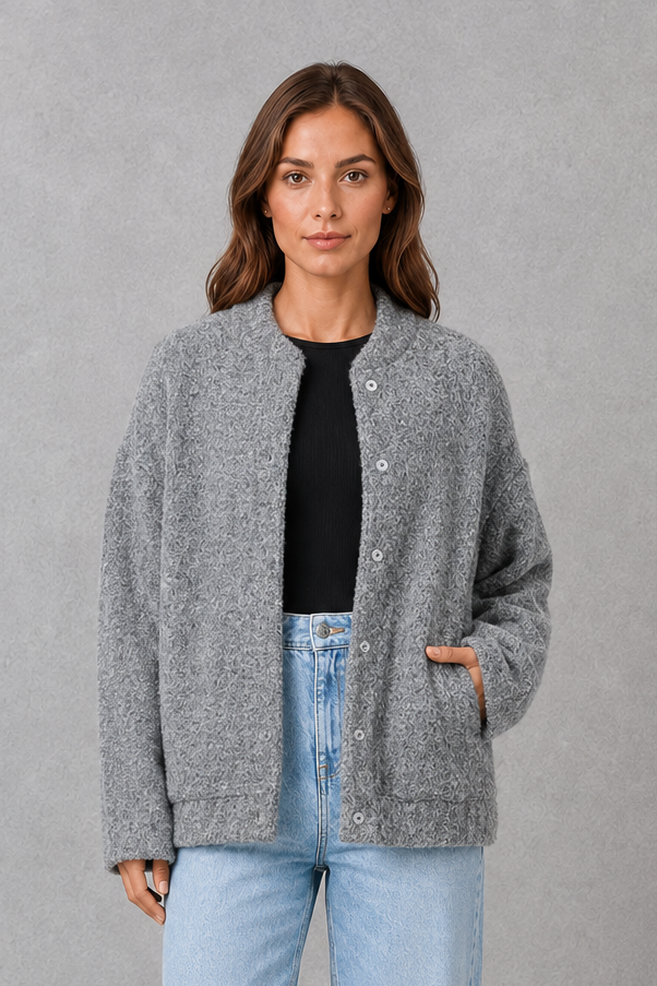 Women’s oversized open-front jacket with a relaxed silhouette, soft cozy fabric, flowing design, and roomy fit for comfortable layering.