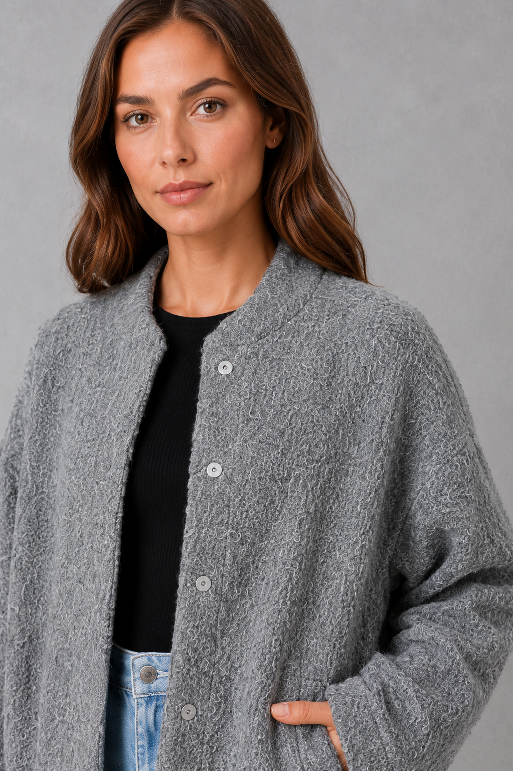 Women’s oversized open-front jacket with a relaxed silhouette, soft cozy fabric, flowing design, and roomy fit for comfortable layering.