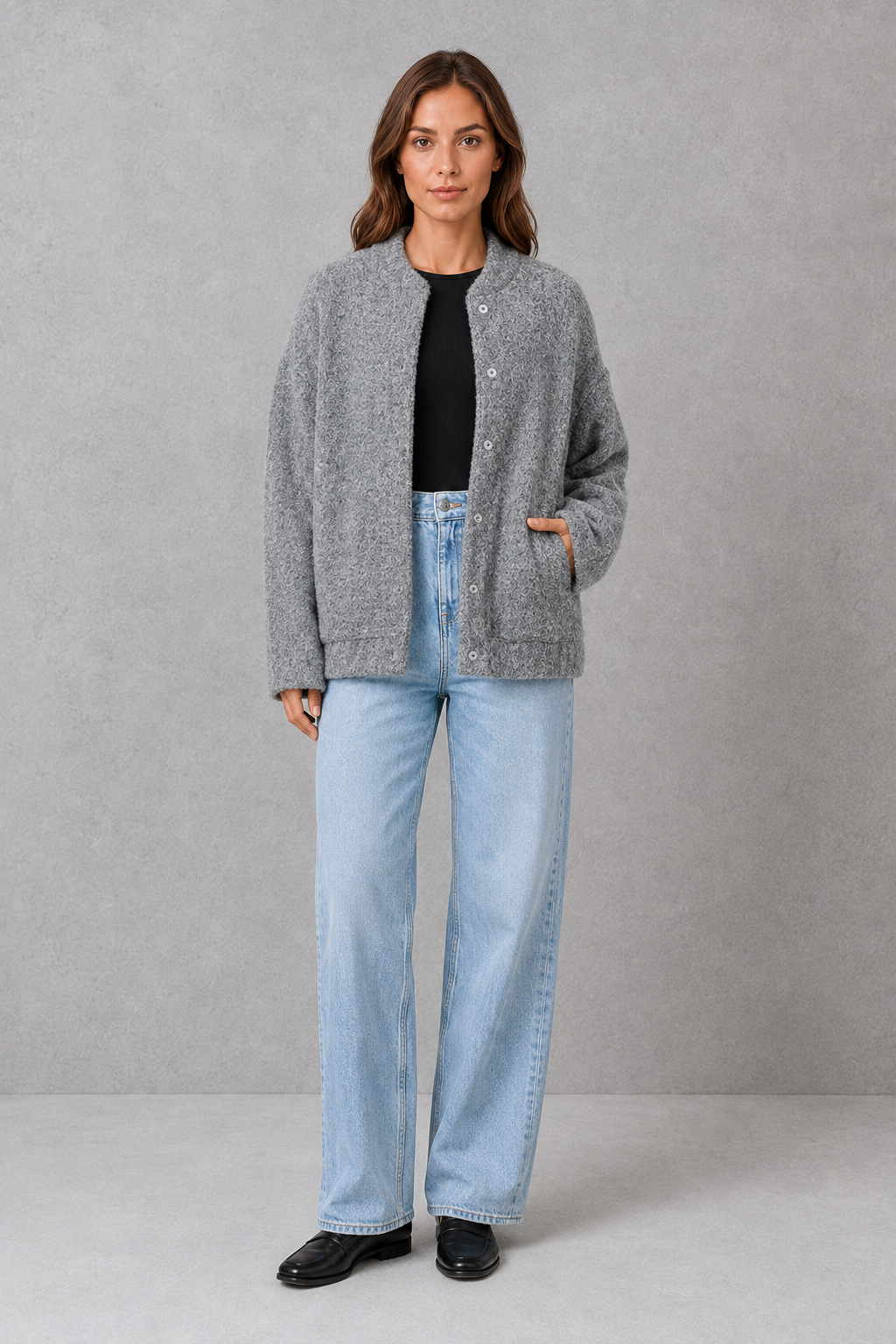 Women’s oversized open-front jacket with a relaxed silhouette, soft cozy fabric, flowing design, and roomy fit for comfortable layering.