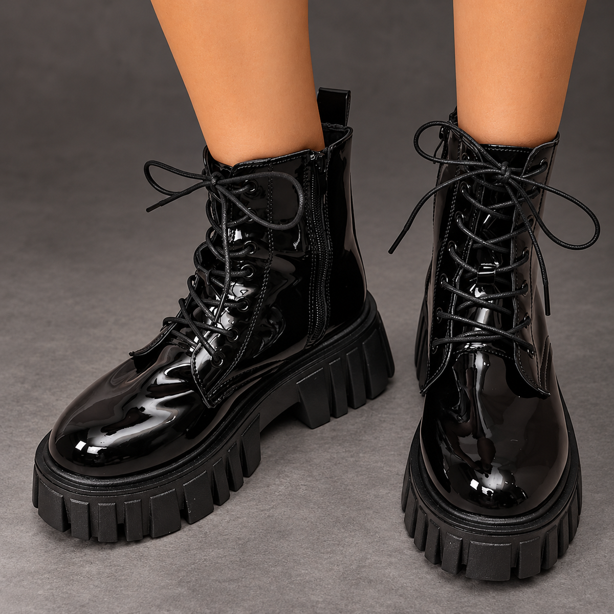 Women's Patent-Look Chunky Platform Boots – Black
