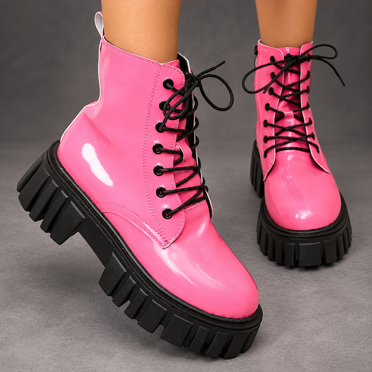 Women's Patent-Look Chunky Platform Boots – Pink