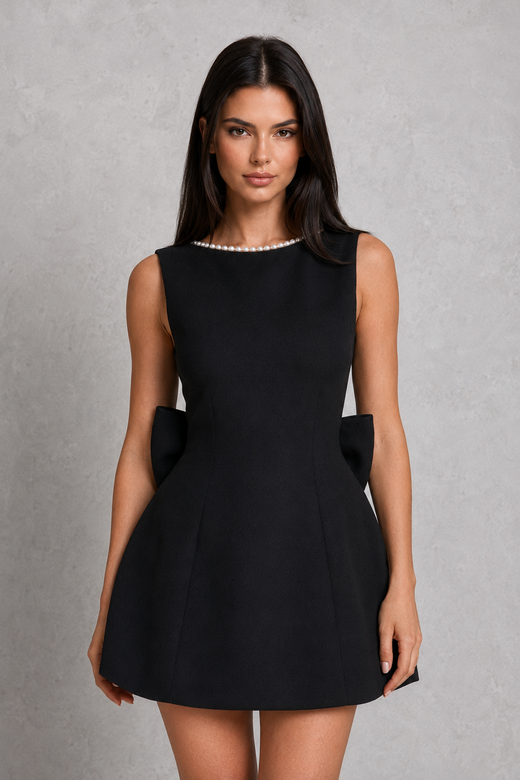 Women's pearl trim mini dress featuring a high boat neckline, fitted crepe bodice with panelled seams, voluminous bubble skirt, curved pearl-trim back, and detachable pearl-adorned bow for parties and special occasions.