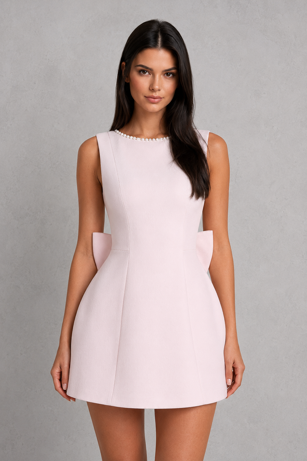 Women's pearl trim mini dress featuring a high boat neckline, fitted crepe bodice with panelled seams, voluminous bubble skirt, curved pearl-trim back, and detachable pearl-adorned bow for parties and special occasions.