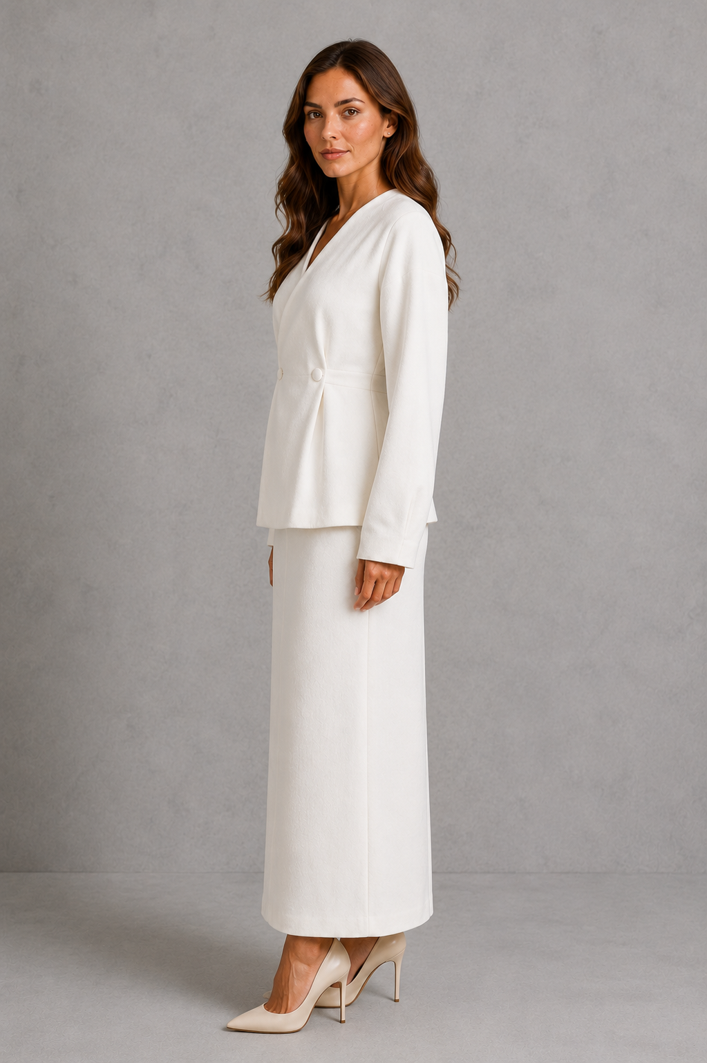Women’s peplum jacket and maxi skirt set with a deep V-neck, fitted waist, double-button detail, voluminous sleeves, and coordinating pencil skirt.