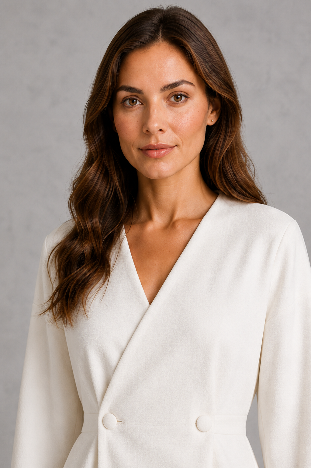 Women’s peplum jacket and maxi skirt set with a deep V-neck, fitted waist, double-button detail, voluminous sleeves, and coordinating pencil skirt.