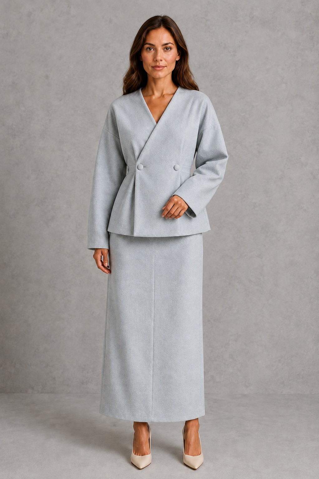 Women’s peplum jacket and maxi skirt set with a deep V-neck, fitted waist, double-button detail, voluminous sleeves, and coordinating pencil skirt.