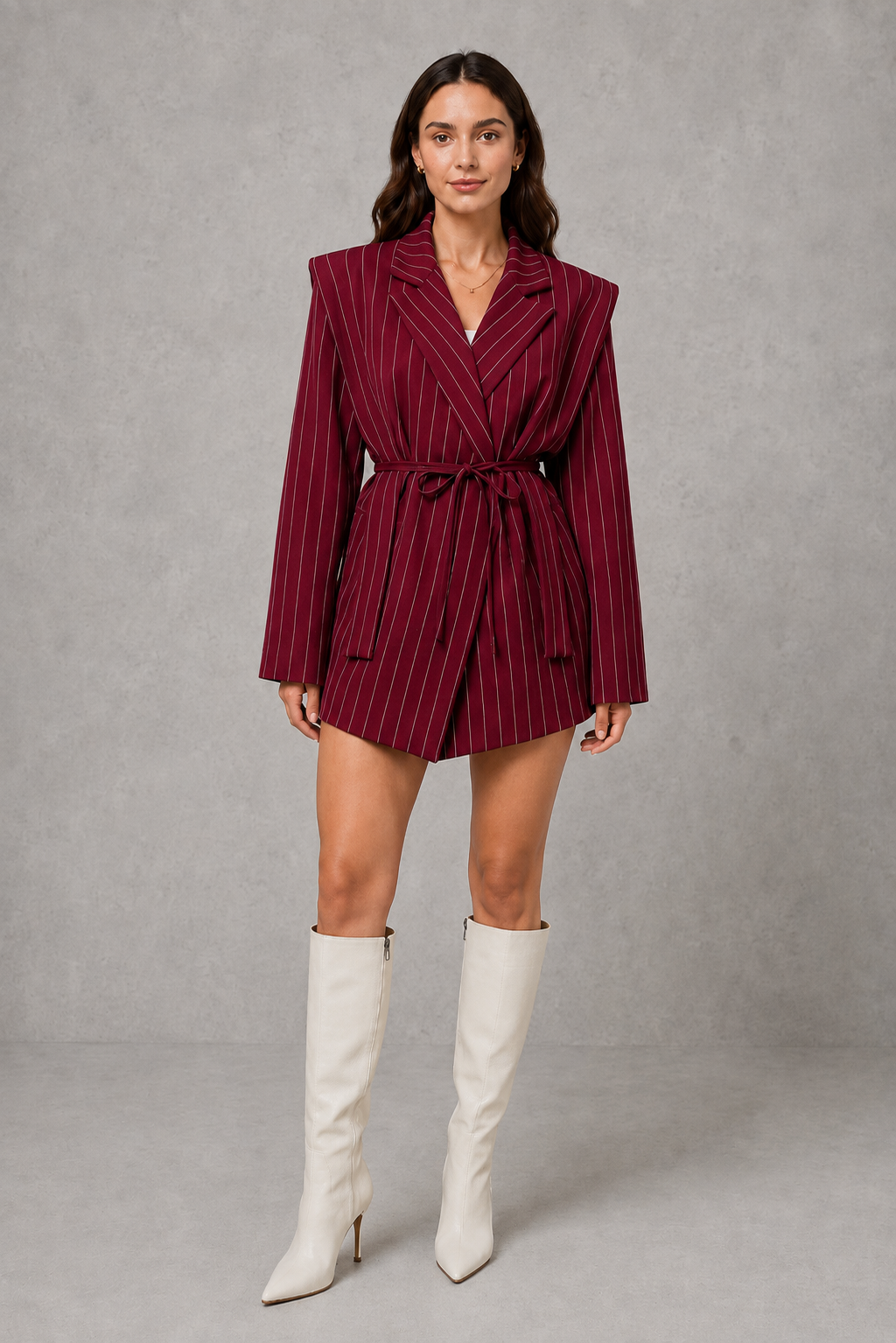 Women’s pinstripe belted longline blazer with structured shoulders, classic lapels, fine vertical stripes, long sleeves, and an adjustable self-tie waist.