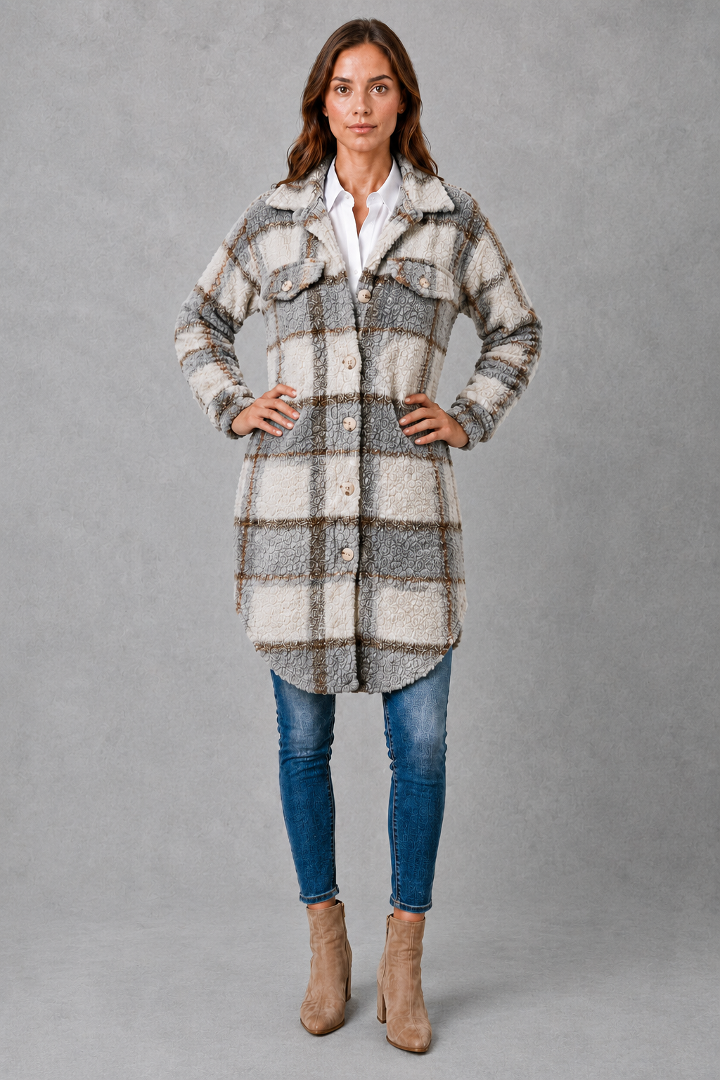 Women’s plaid plush teddy jacket with a soft sherpa-style texture, classic plaid pattern, button-front closure, and relaxed fit for comfortable layering.