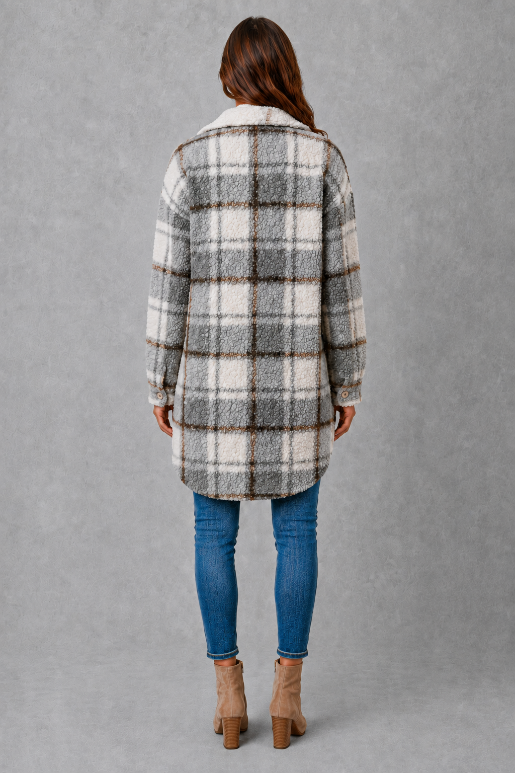 Women’s plaid plush teddy jacket with a soft sherpa-style texture, classic plaid pattern, button-front closure, and relaxed fit for comfortable layering.