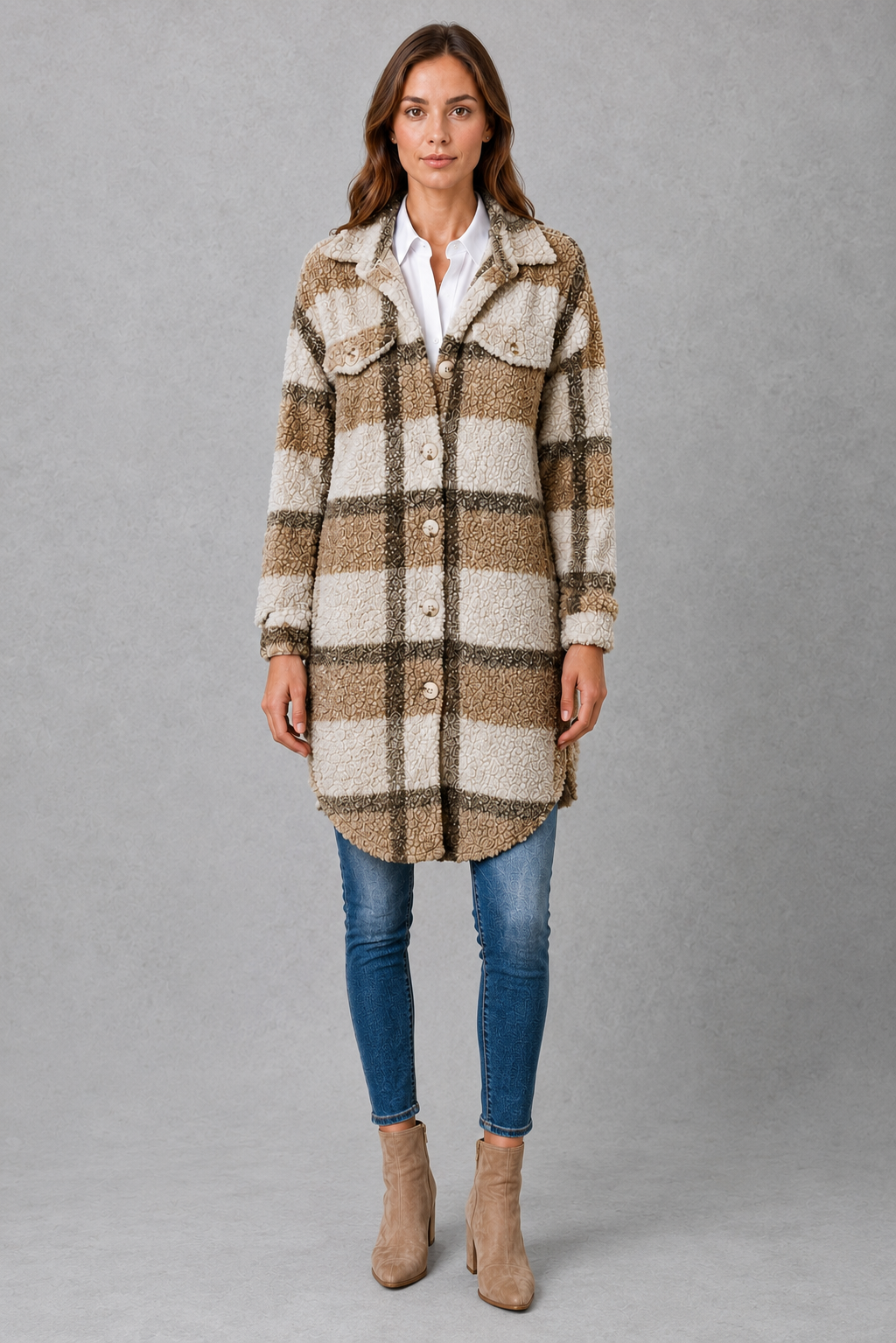 Women’s plaid plush teddy jacket with a soft sherpa-style texture, classic plaid pattern, button-front closure, and relaxed fit for comfortable layering.