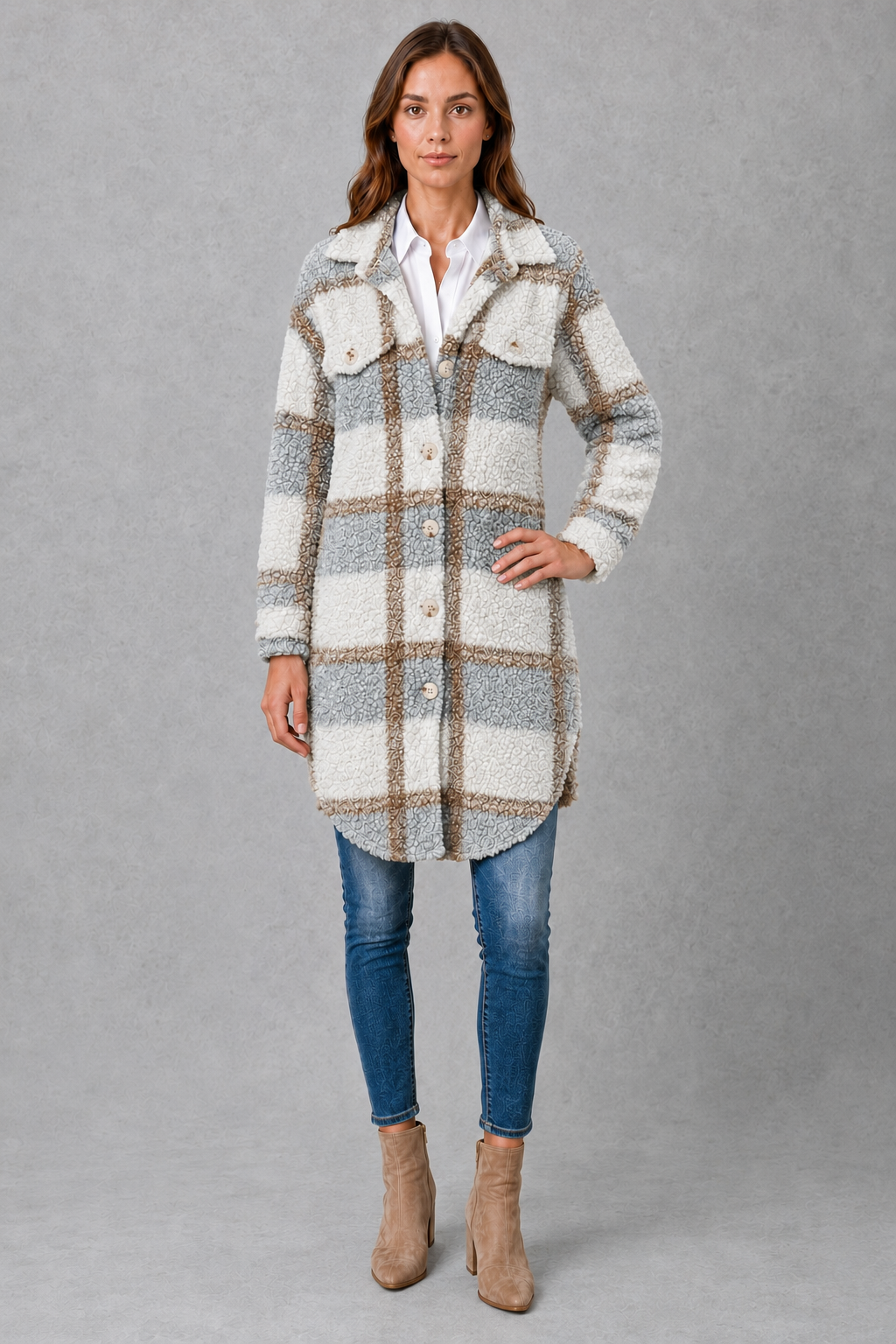Women’s plaid plush teddy jacket with a soft sherpa-style texture, classic plaid pattern, button-front closure, and relaxed fit for comfortable layering.