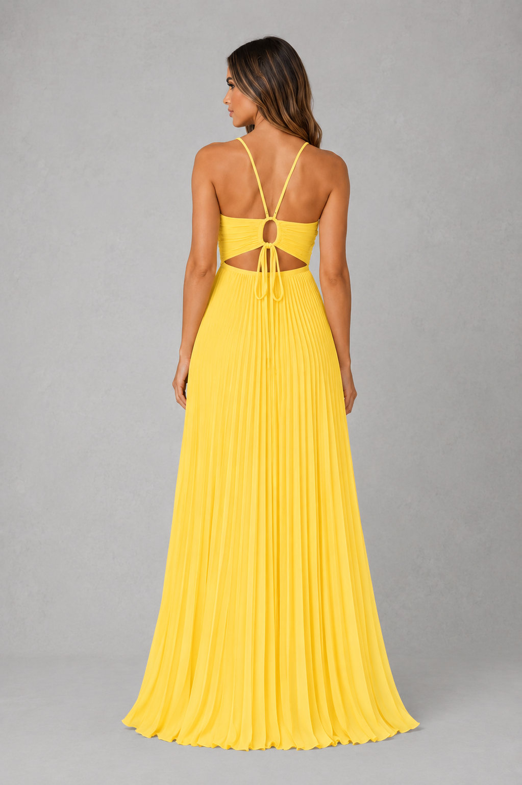 Women’s pleated halterneck maxi dress with crossover neckline, open back, adjustable tie closure and flowing full-length silhouette.