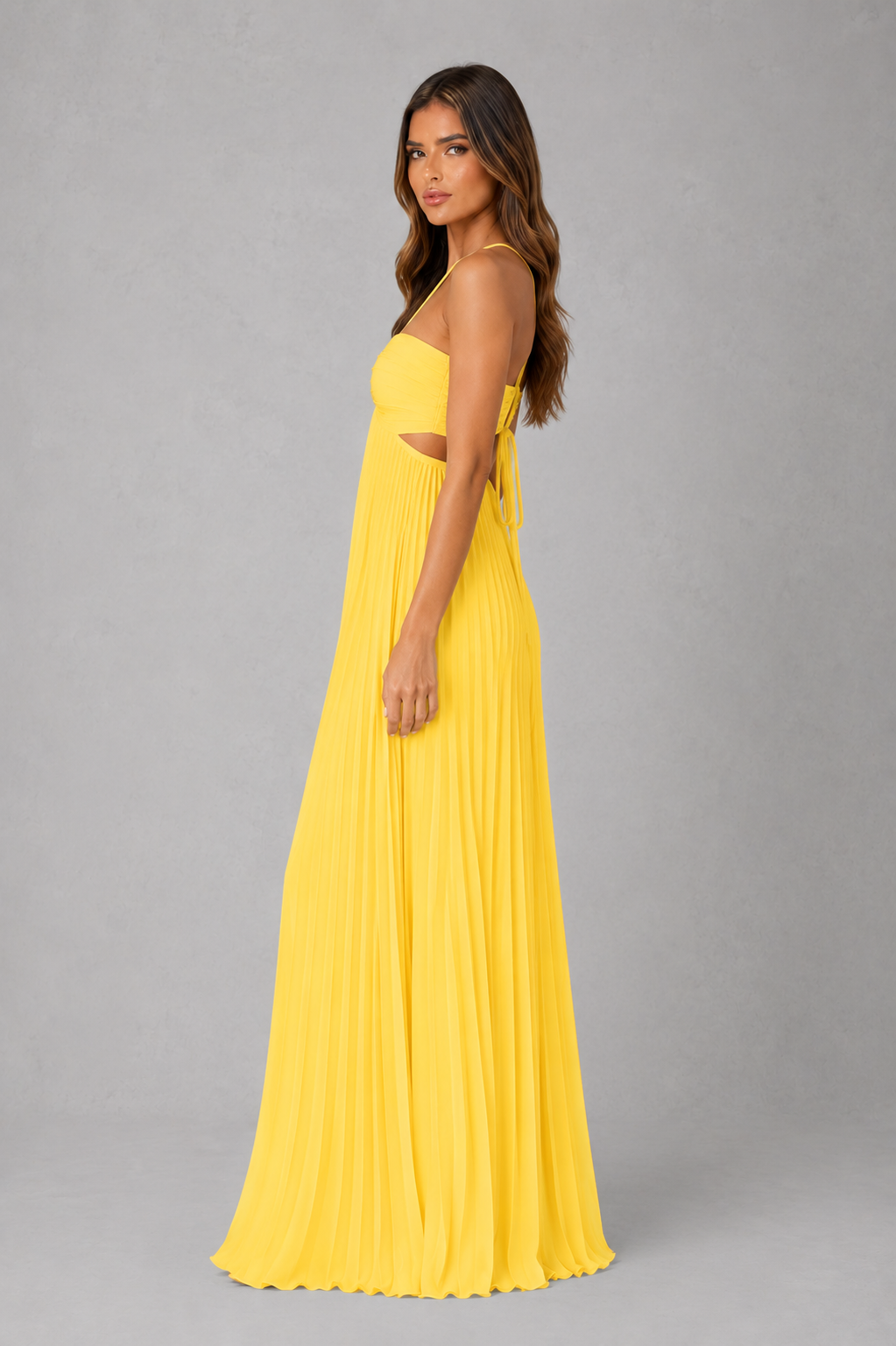 Women’s pleated halterneck maxi dress with crossover neckline, open back, adjustable tie closure and flowing full-length silhouette.