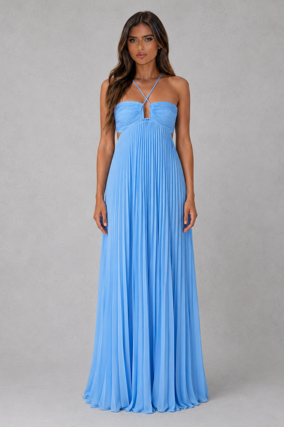Women’s pleated halterneck maxi dress with crossover neckline, open back, adjustable tie closure and flowing full-length silhouette.
