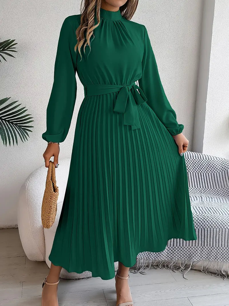 Women's Pleated Belted Midi Dress – Long Sleeve | Henrietta