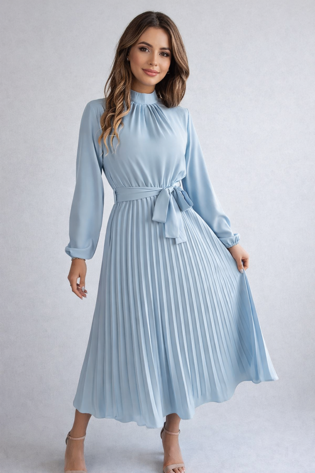 Women's Pleated Belted Midi Dress – Long Sleeve | Henrietta