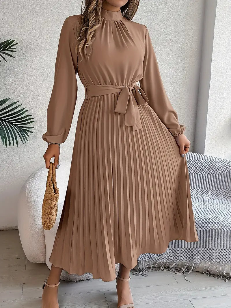 Women's Pleated Belted Midi Dress – Long Sleeve | Henrietta