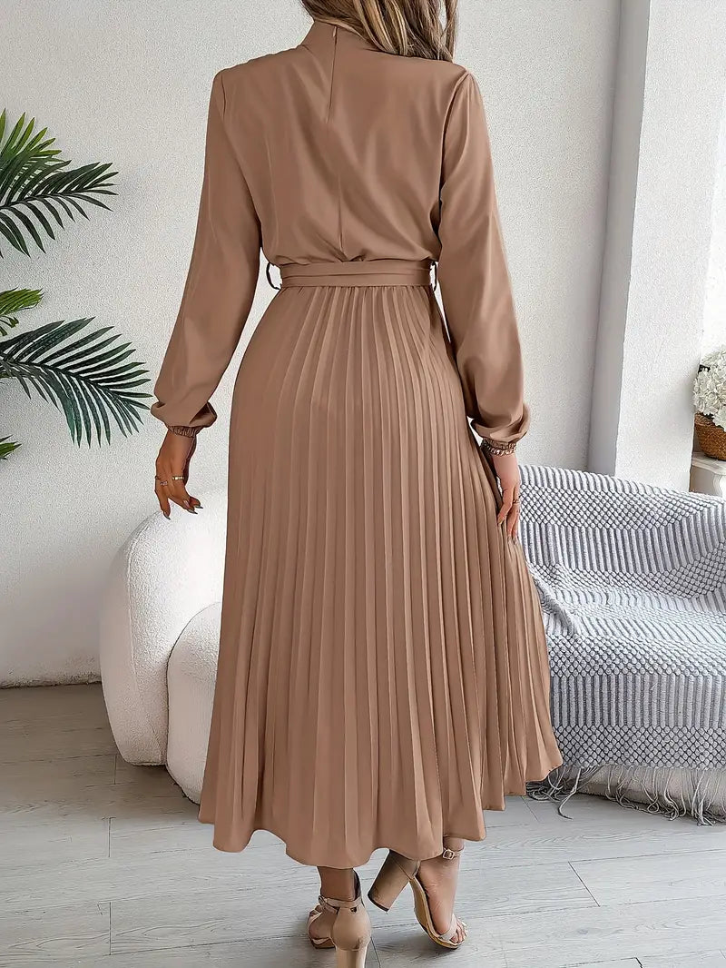 Women's Pleated Belted Midi Dress – Long Sleeve | Henrietta