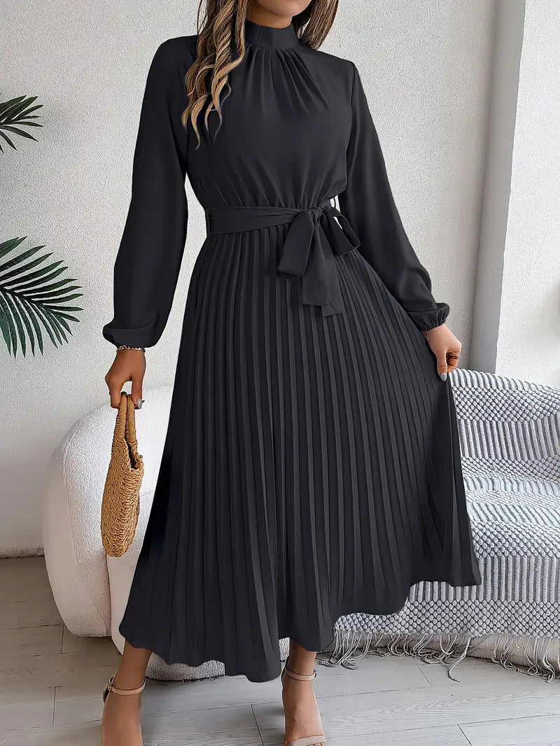 Women's Pleated Belted Midi Dress – Long Sleeve | Henrietta