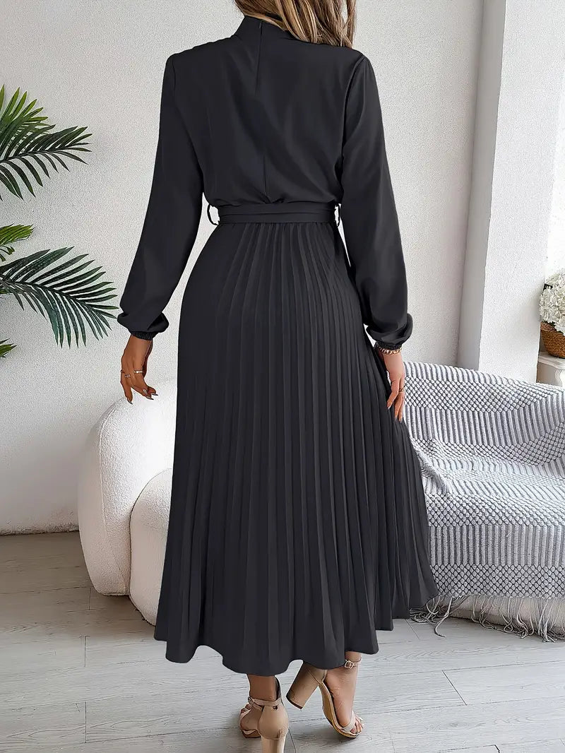 Women's Pleated Belted Midi Dress – Long Sleeve | Henrietta