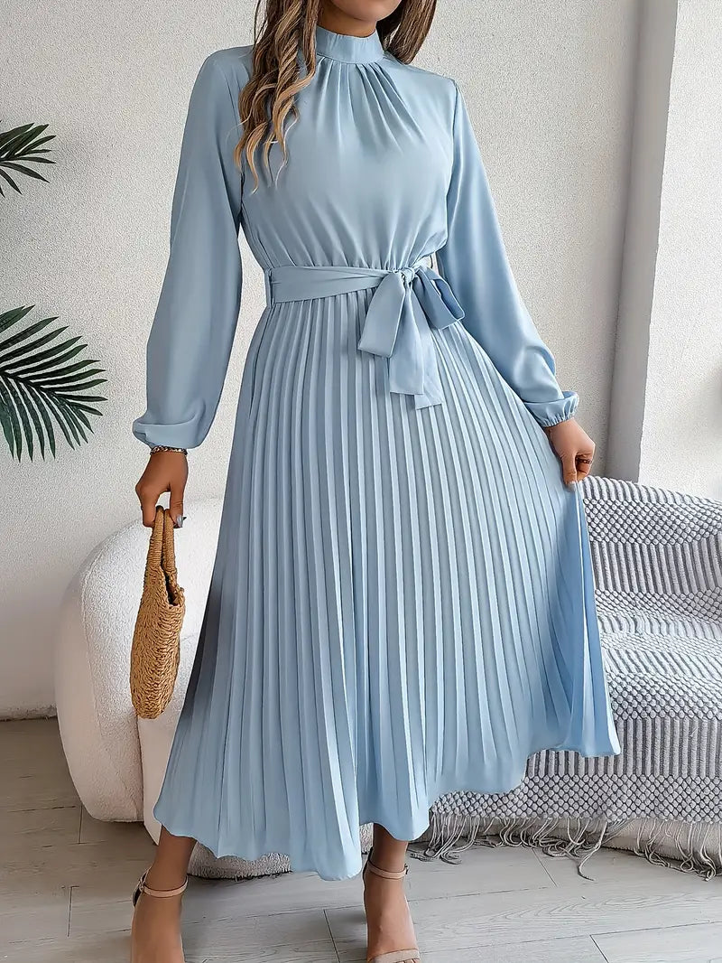 Women's Pleated Belted Midi Dress – Long Sleeve | Henrietta