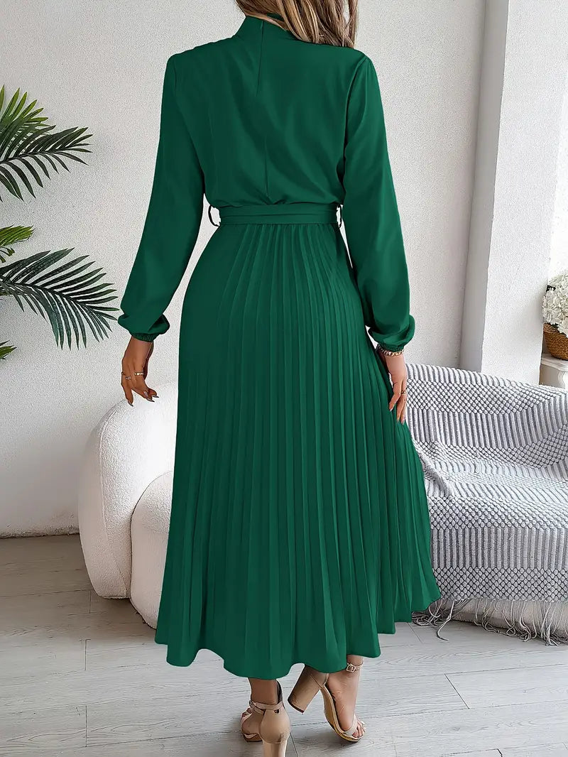 Women's Pleated Belted Midi Dress – Long Sleeve | Henrietta