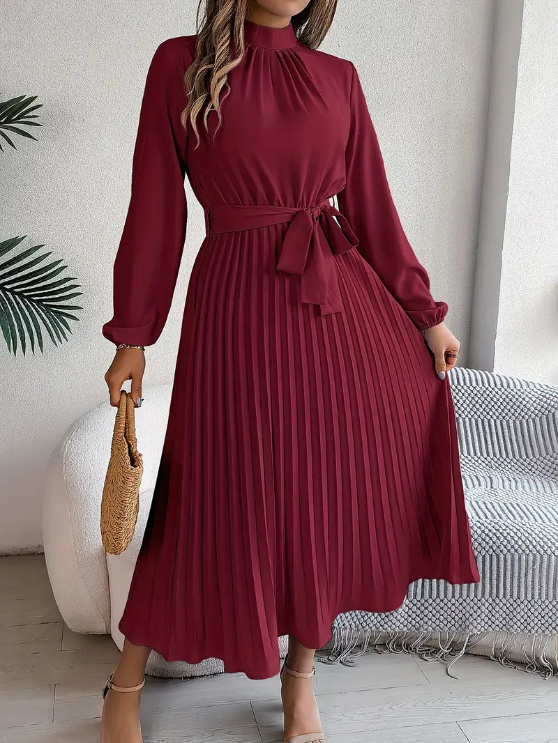 Women's Pleated Belted Midi Dress – Long Sleeve | Henrietta
